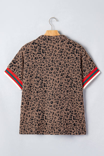 Leopard Stripe Patchwork Half Zip Collared Blouse