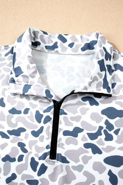 Plus Size Camo Quarter Zip Kangaroo Pocket Sweatshirt