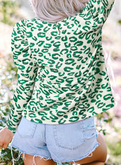 Leopard Mock Neck Puff Sleeve Top