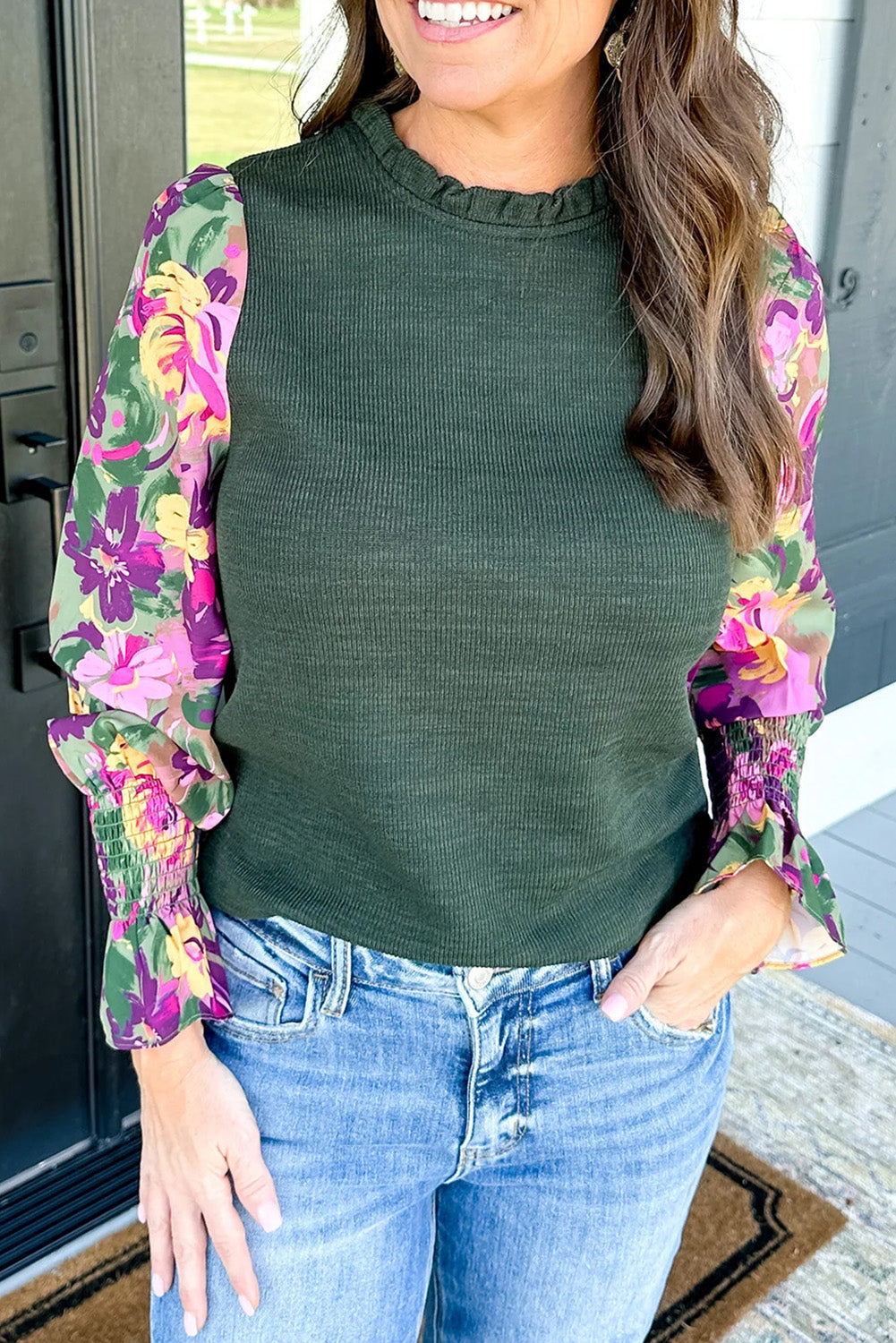 Floral Contrast Long Sleeve Top