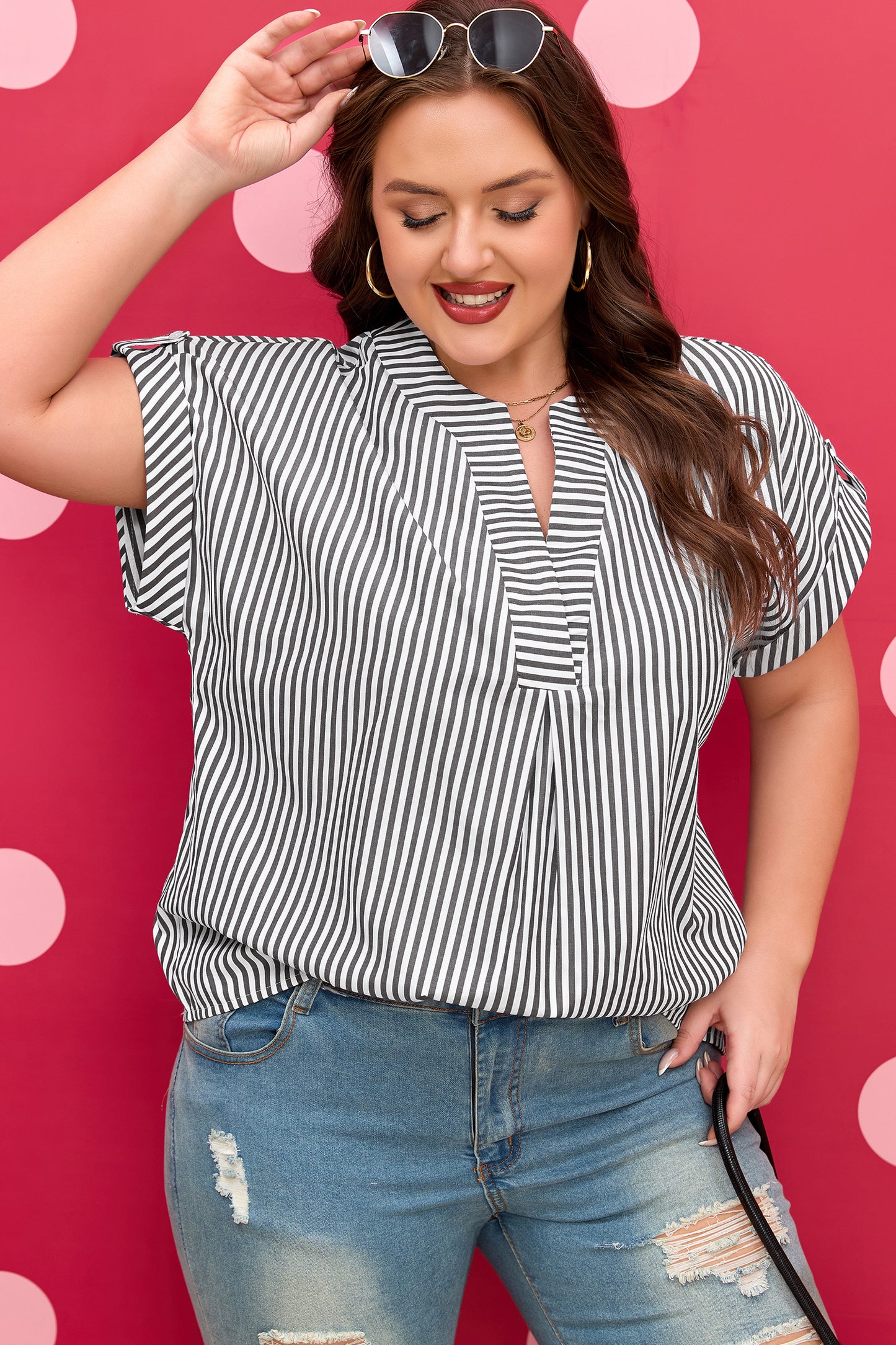 Plus Size Stripe V-Neck Dolman Sleeve Blouse