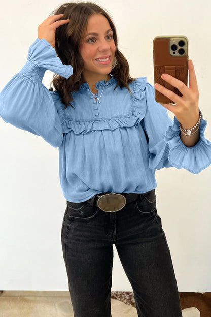 Western Denim Chambray Ruffle V-Neck Long Sleeve Blouse