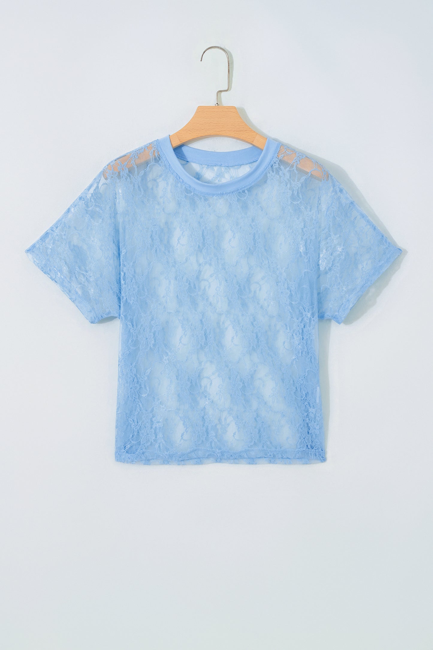 Solid Sheer Lace Short Sleeve Boxy Tee
