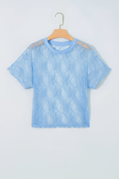 Solid Sheer Lace Short Sleeve Boxy Tee
