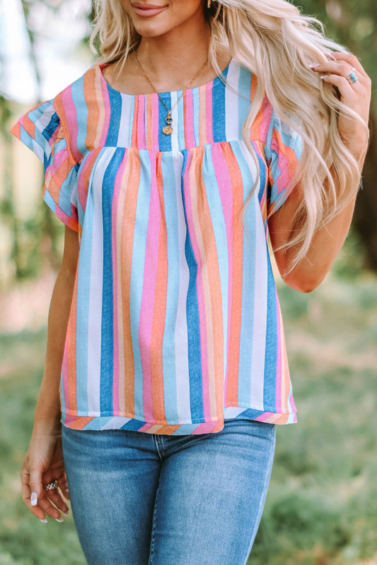 Stripe Ruffle Cap Sleeve Top