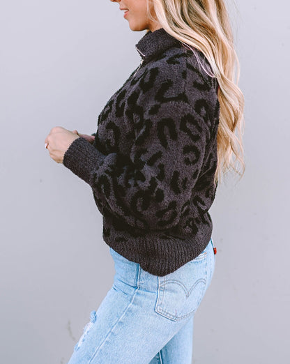 Leopard Quarter Zip Fuzzy Sweater