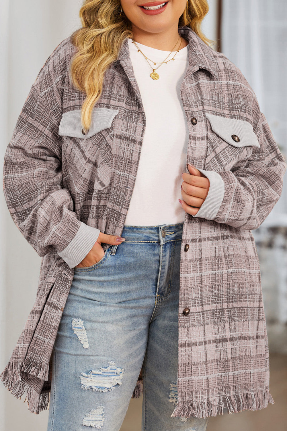 Plus Size Plaid Tweed Buttoned Coat