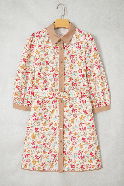 Floral Button Down Belted 3/4 Sleeve Mini Dress