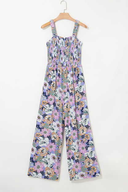 Floral Smocked High Waist Square Neck Jumpsuit