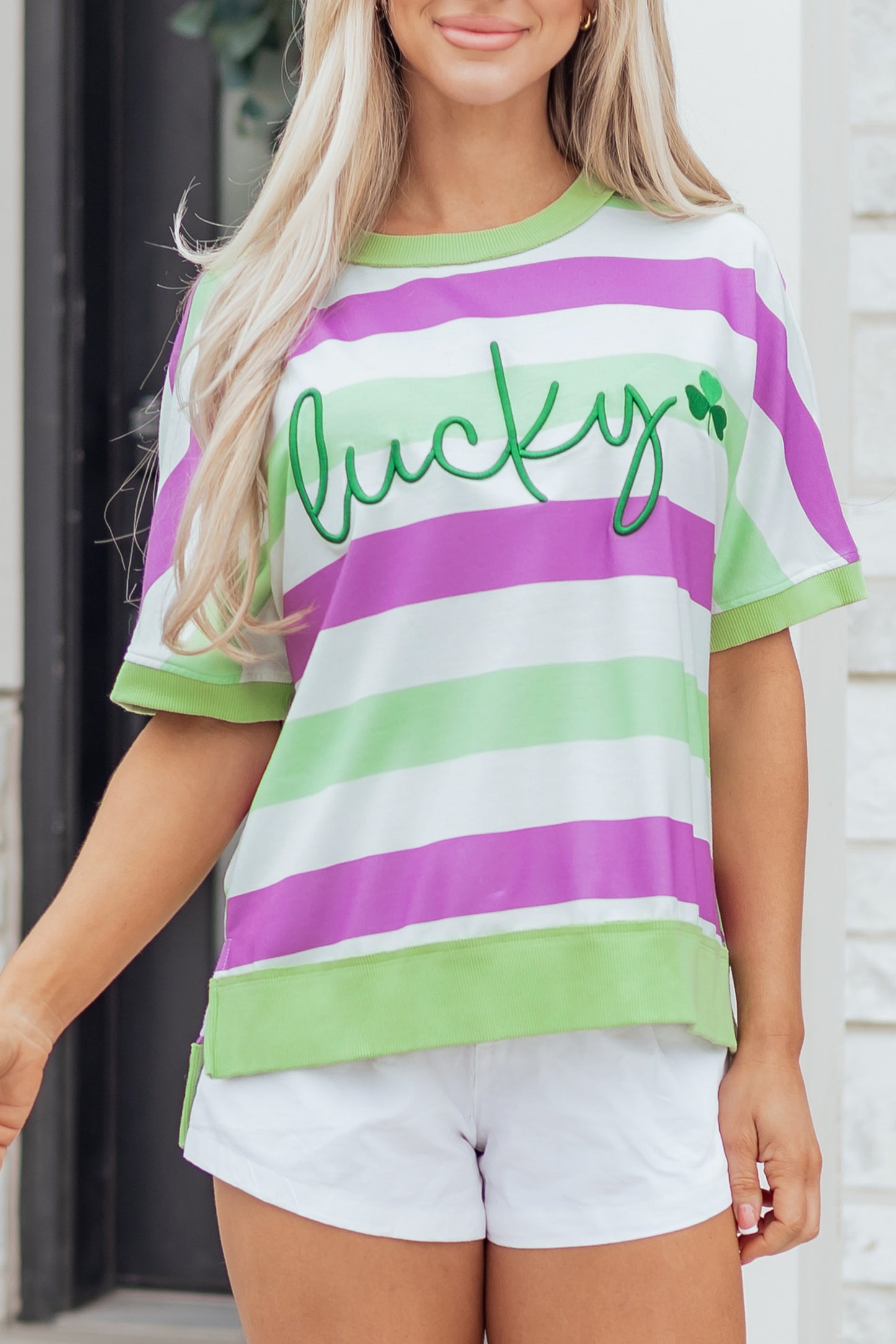 Stripe Lucky Clover Embroidered Dolman Sleeve Tee