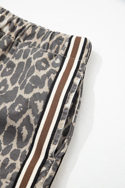 Leopard Stripe Detail Drawstring Denim Shorts