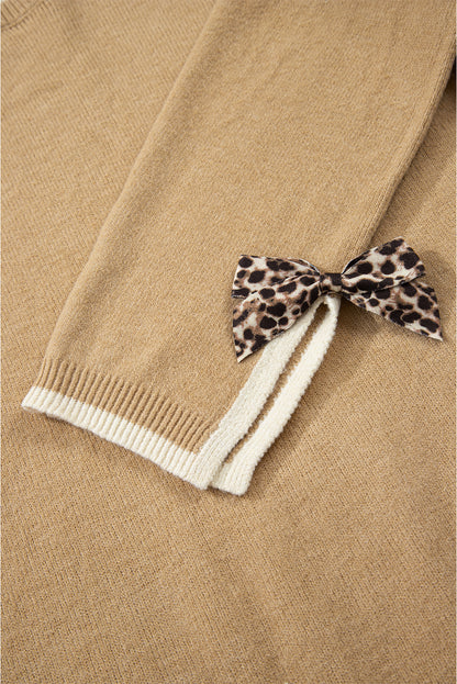 Leopard Bow Split Cuff Contrast Trim Sweater