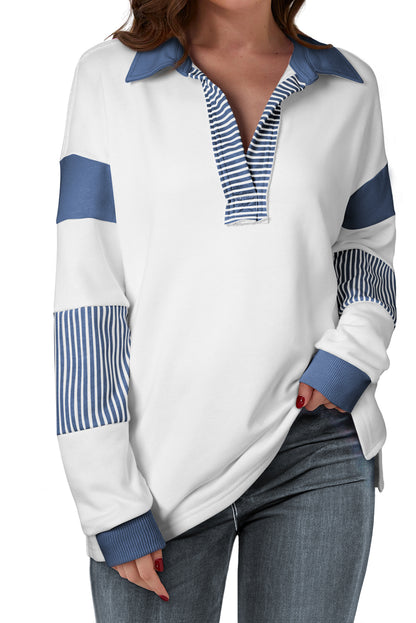 Stripe Colorblock Collared V-Neck Sweatshirt