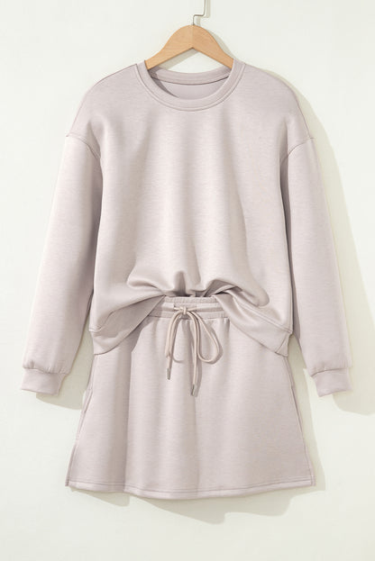 Solid Drop Shoulder Pullover and Mini Skirt Set