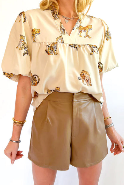 Cheetah Split Neck Blouse