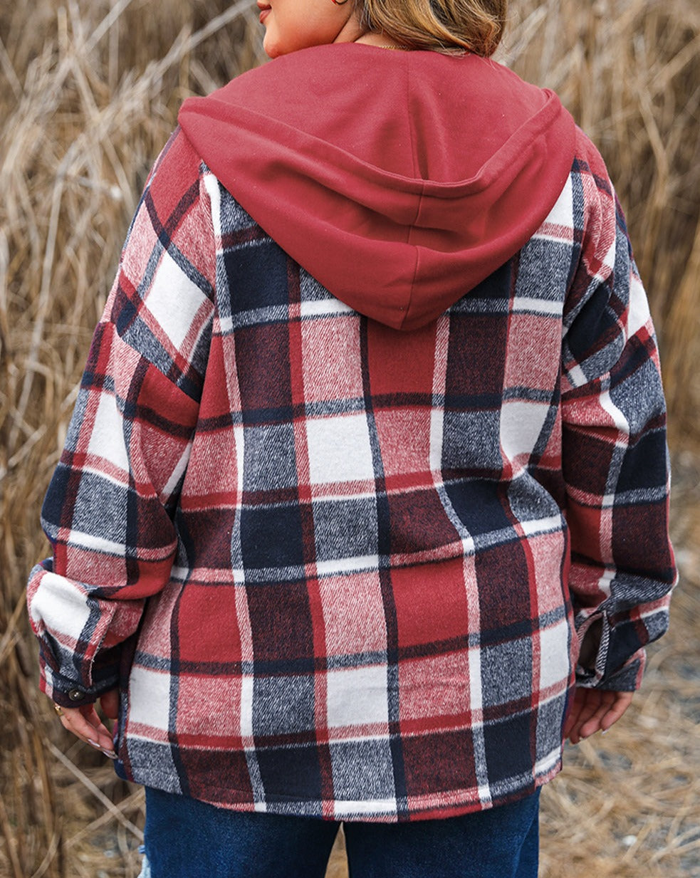 Plaid Button-Up Hooded Jacket Plus Size