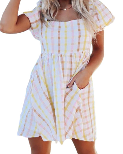 Plaid Puff Sleeve Pocketed Dress