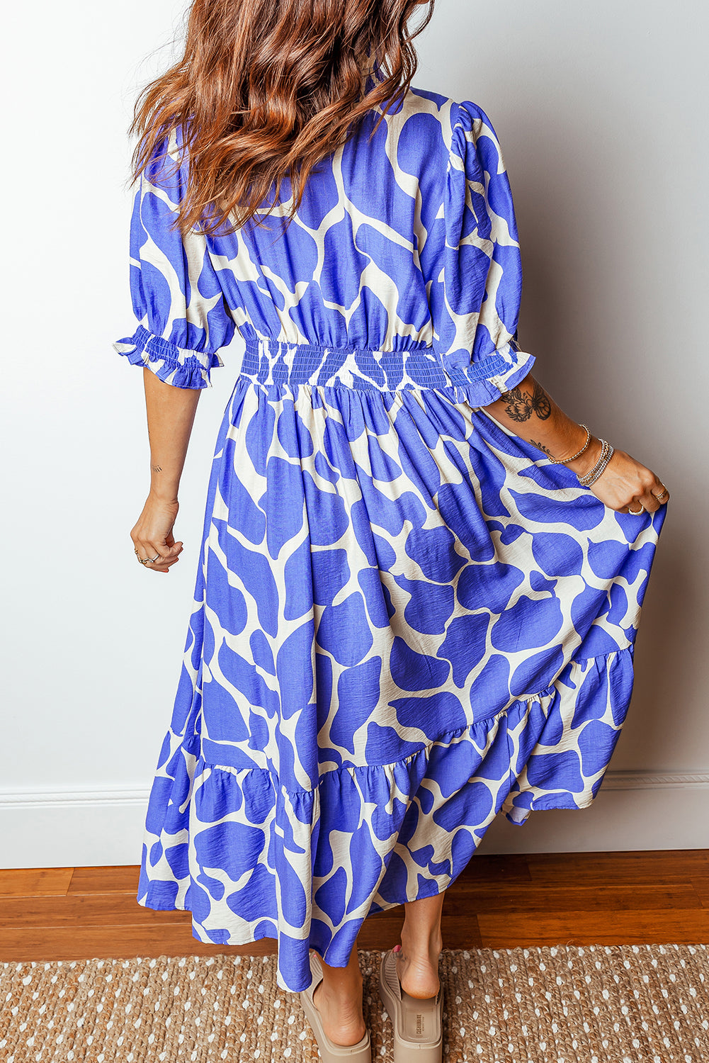 Abstract Smocked Waist Puff Sleeve Maxi Dress