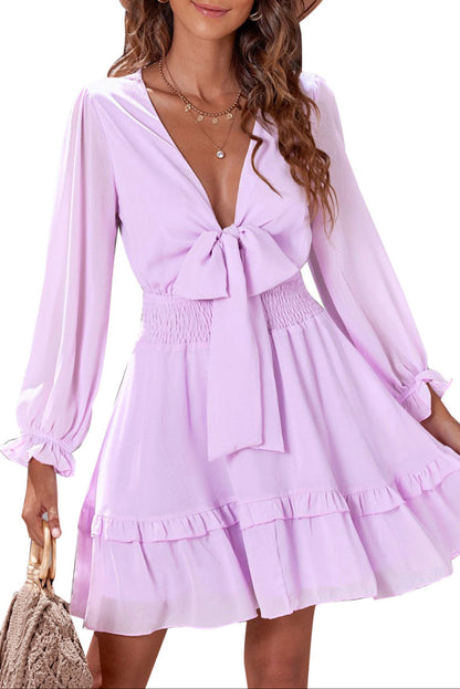 Bow V-Neck Lantern Sleeve Dress