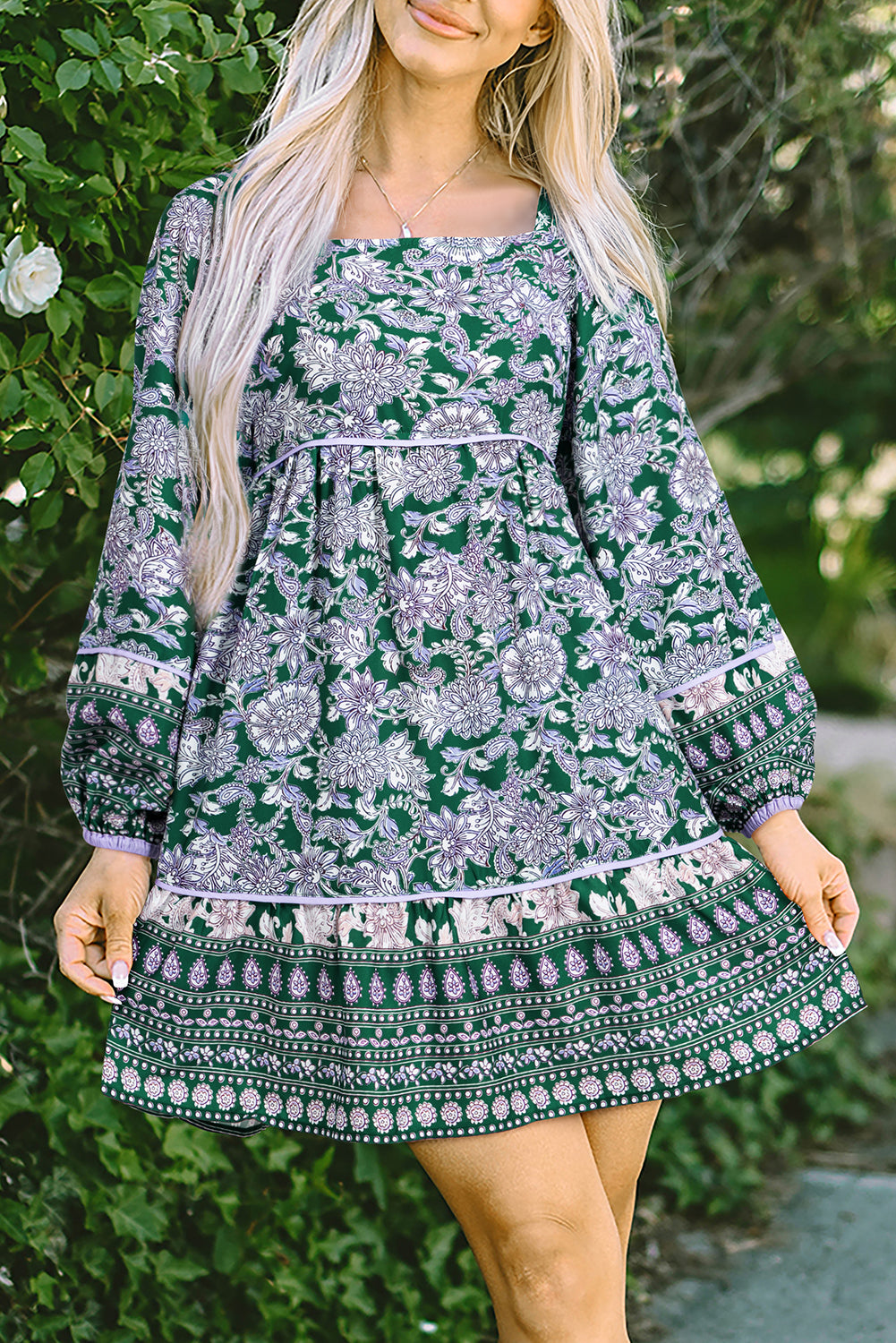 Boho Floral Square Neck Dress