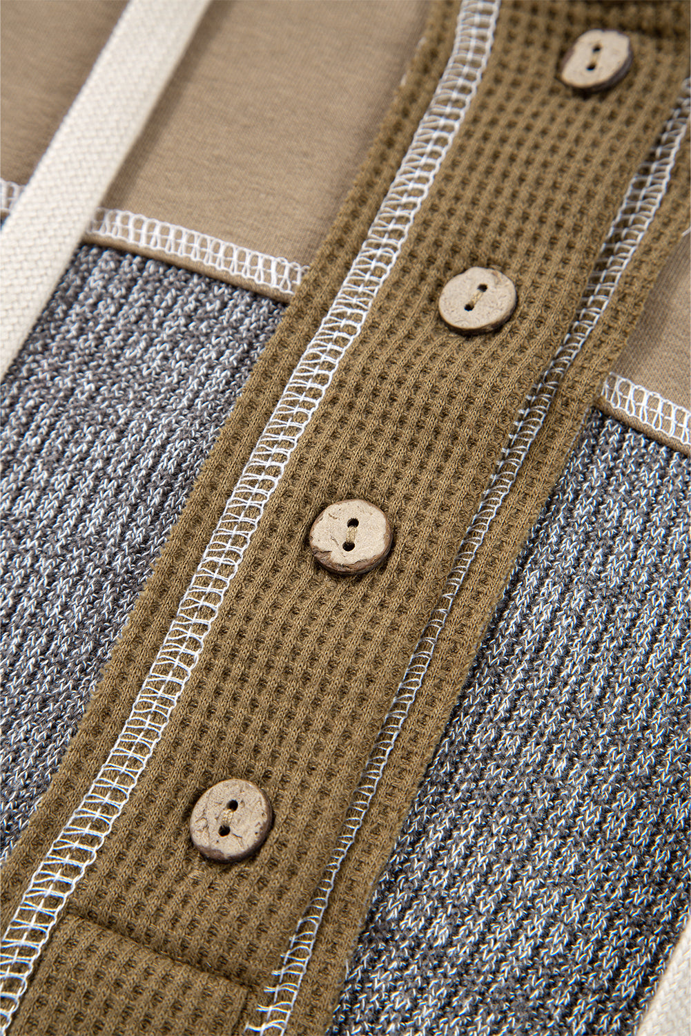 Waffle Knit Patchwork Buttoned Hooded Sweatshirt