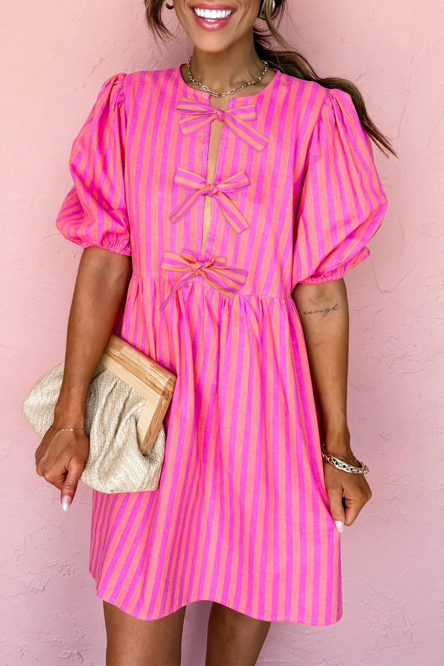 Stripe Bow Tie Front Short Puff Sleeve Dress