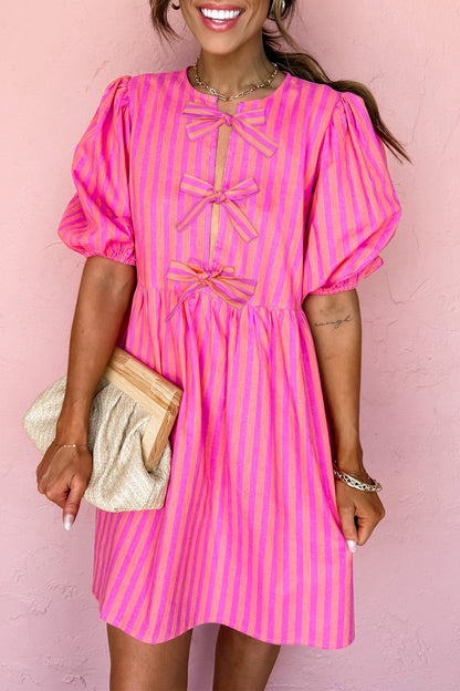 Stripe Bow Tie Front Short Puff Sleeve Dress