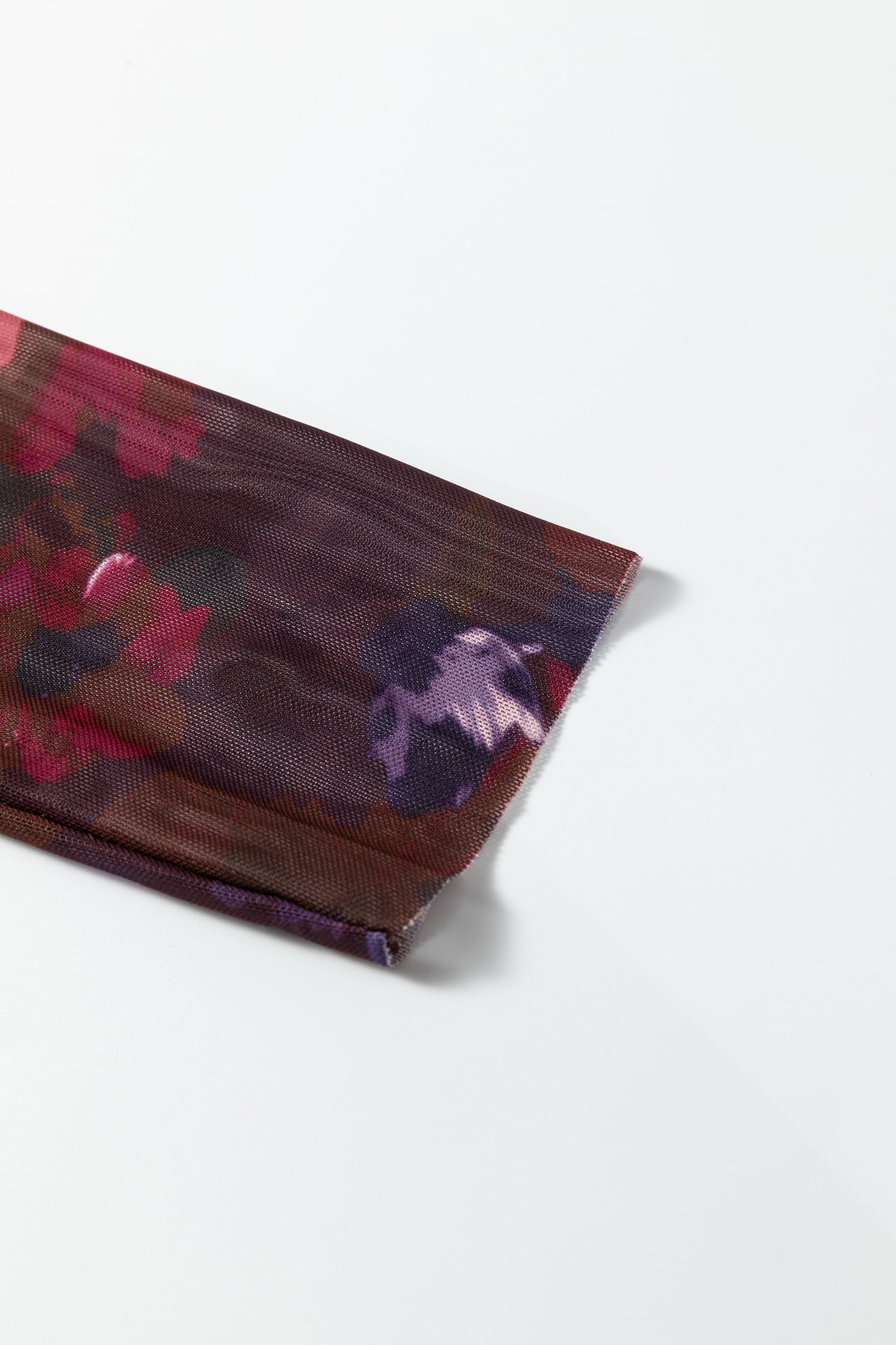 Floral Mesh Turtleneck Long Sleeve Ruched Top