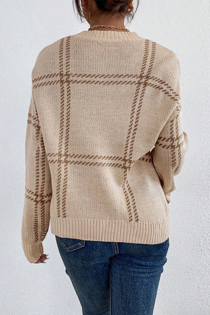 Plaid Drop ShoulderCrewneck Sweater