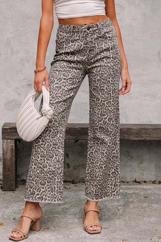 Leopard Frayed Edge High Waist Wide Leg Jeans