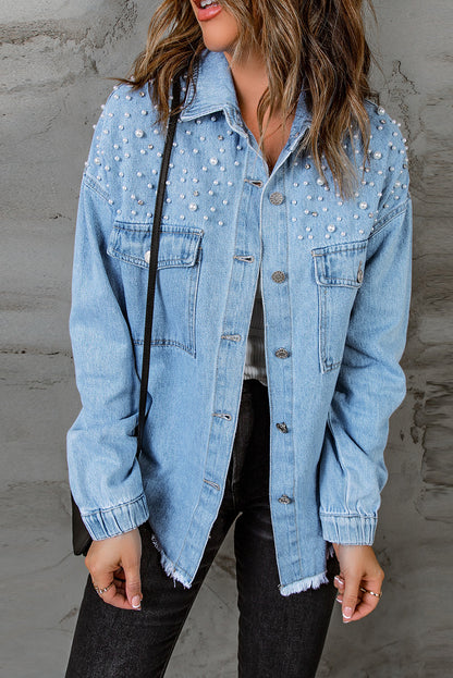 Denim Rhinestone Pearl Buttoned Shacket