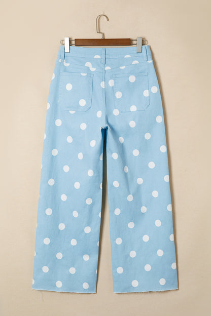 Polka Dot Denim Raw Hem High Waist Jeans