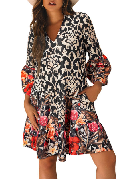 Floral 3/4 Sleeve V-Neck Dress