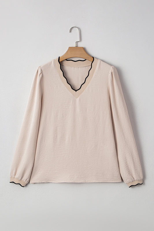 Contrast Trim Scallop V-Neck Long Sleeve Blouse