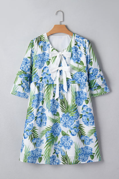 Floral Palm Ruffle Tiered Sleeve Mini Dress