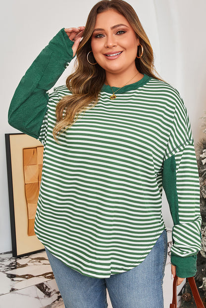 Plus Size Stripe Thermal Reverse Seam Patchwork Top