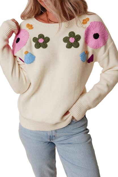 Floral Ribbed Trim Crewneck Sweater