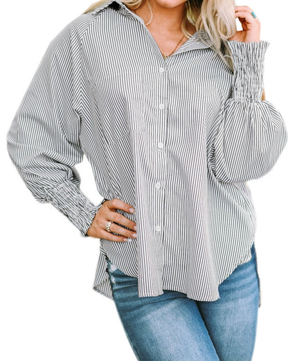 Stripe Smocked Cuff Pocketed Shirt