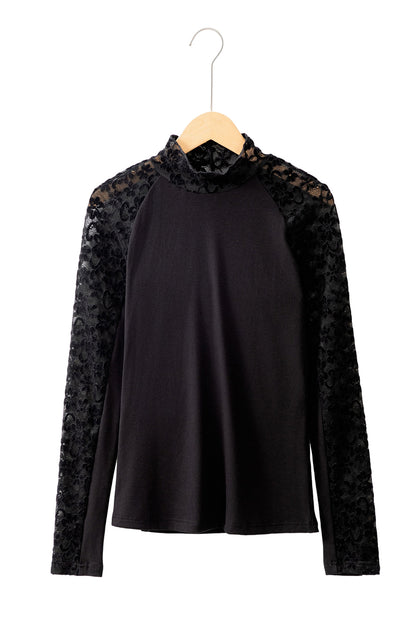 Floral Lace Patchwork Long Sleeve Mock Neck Top