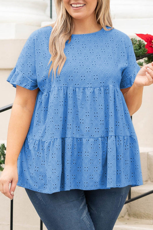 Eyelet Ruffle Sleeve Babydoll Top Plus Size