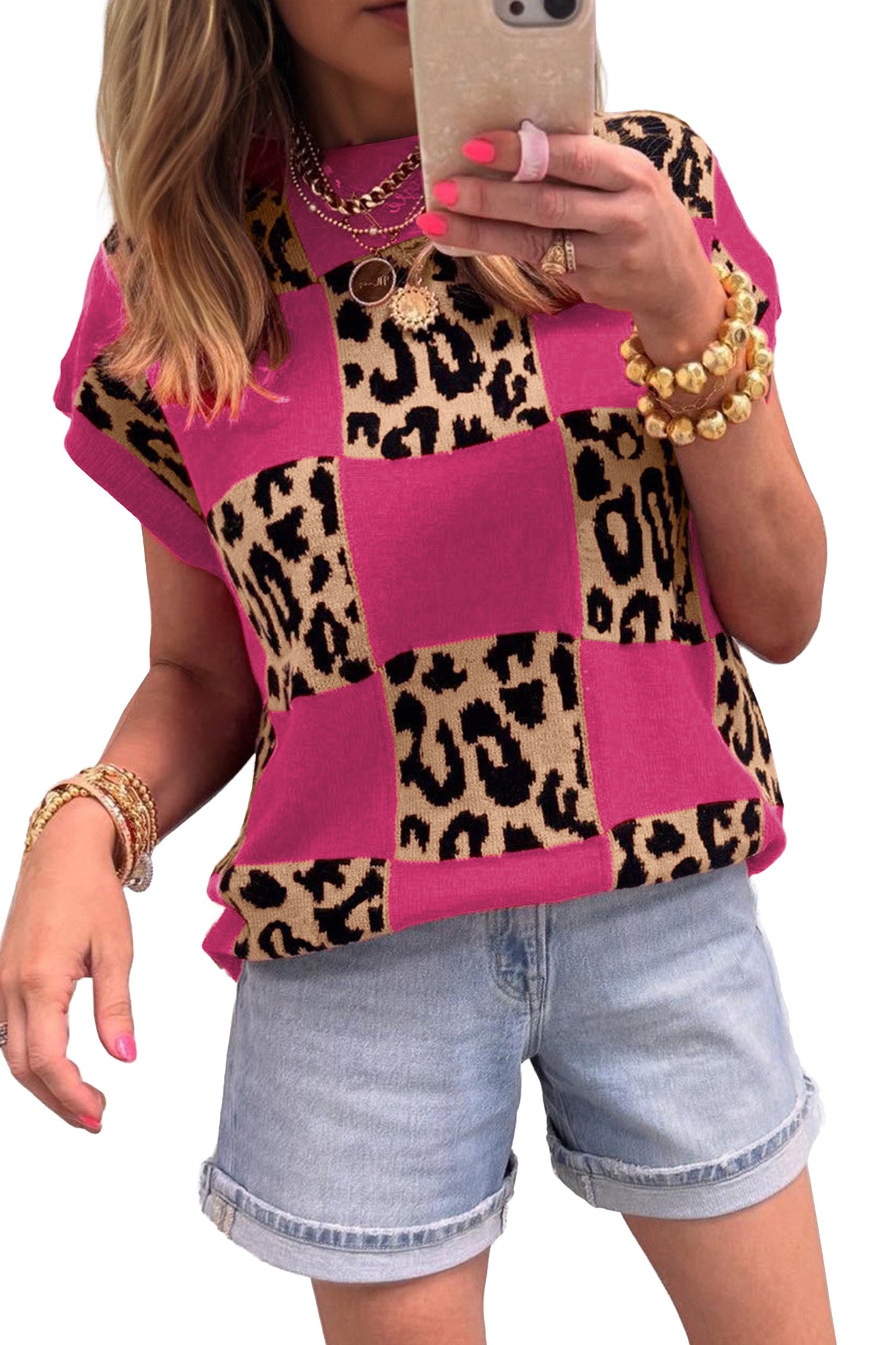 Leopard Checker Short Sleeve Knit Sweater
