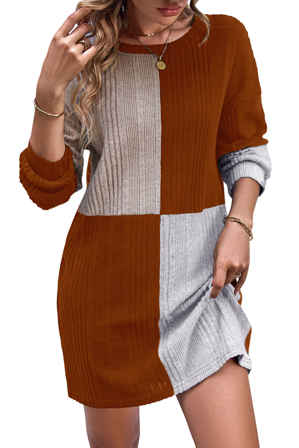 Colorblock Ribbed Long Sleeve Dress