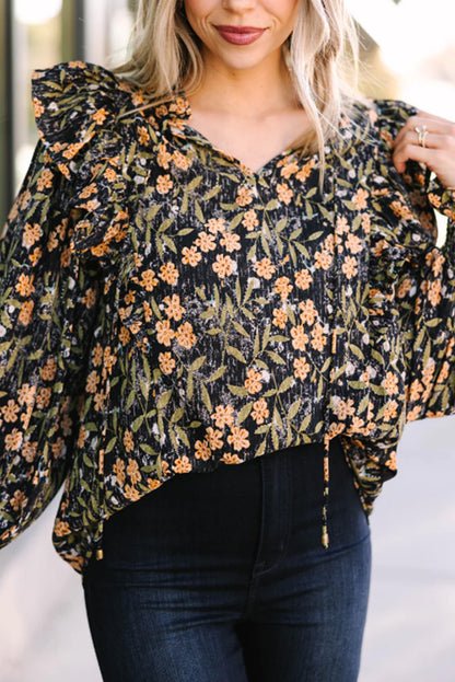 Floral Ruffle Bubble Sleeve Blouse