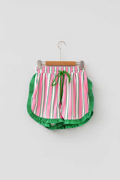 Stripe Contrast Ruffle Trim Drawstring Shorts