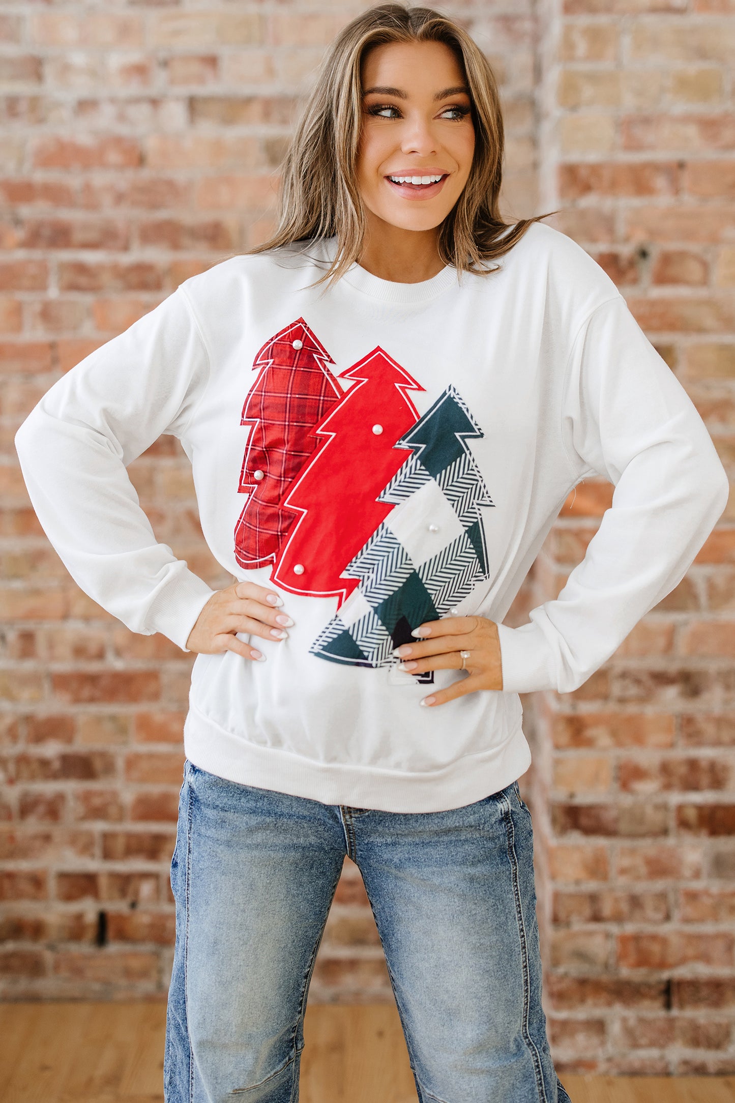 Christmas Tree Pearl Plaid Patch Drop Shoulder Sweatshirt
