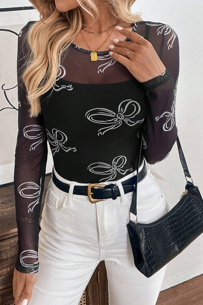 Bow Long Sleeve Mesh Top