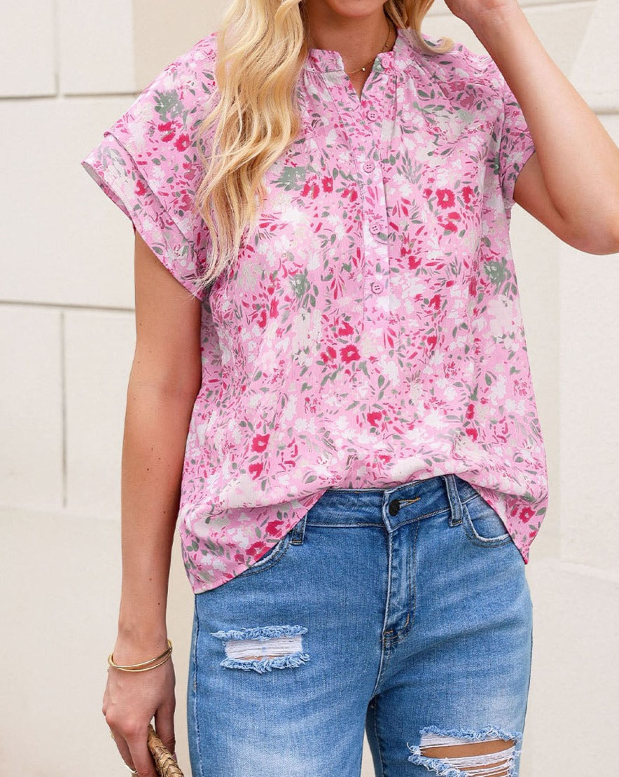 Floral Mandarin Collar Buttoned Top