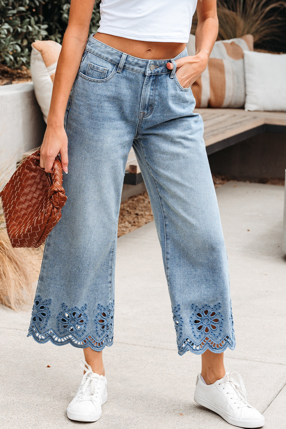 Solid Denim Embroidered Wide Leg Jeans