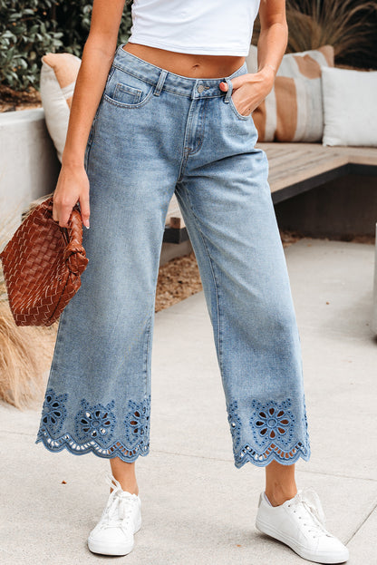 Solid Denim Embroidered Wide Leg Jeans