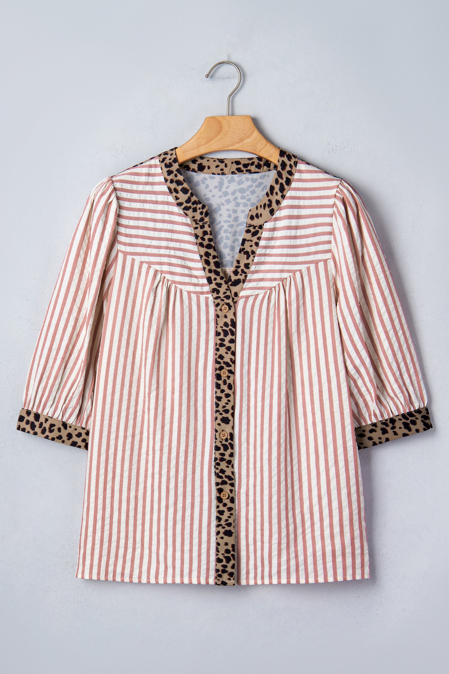 Stripe Leopard Trim V-Neck Buttoned Short Sleeve Shirt